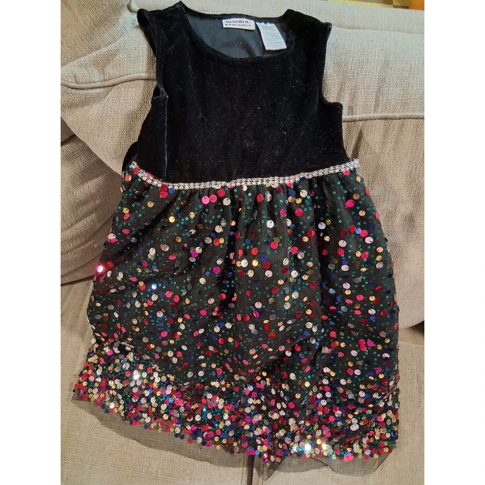 Girls Christmas‎ Dress Rainbow Sequins Black Velvet 6 VGUC